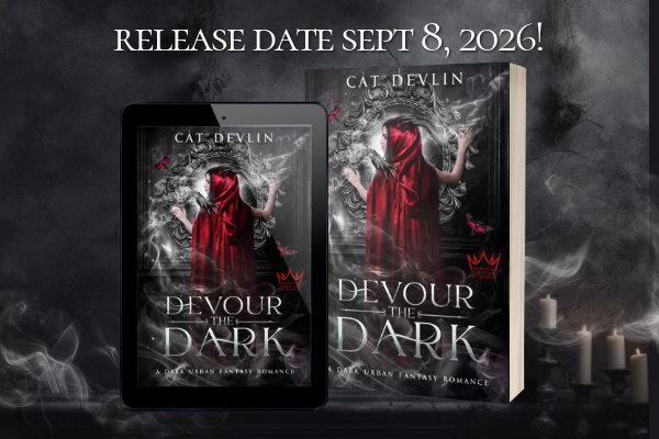 An ebook and paperback mockup showing the cover of Devour the Dark by Cat Devlin.